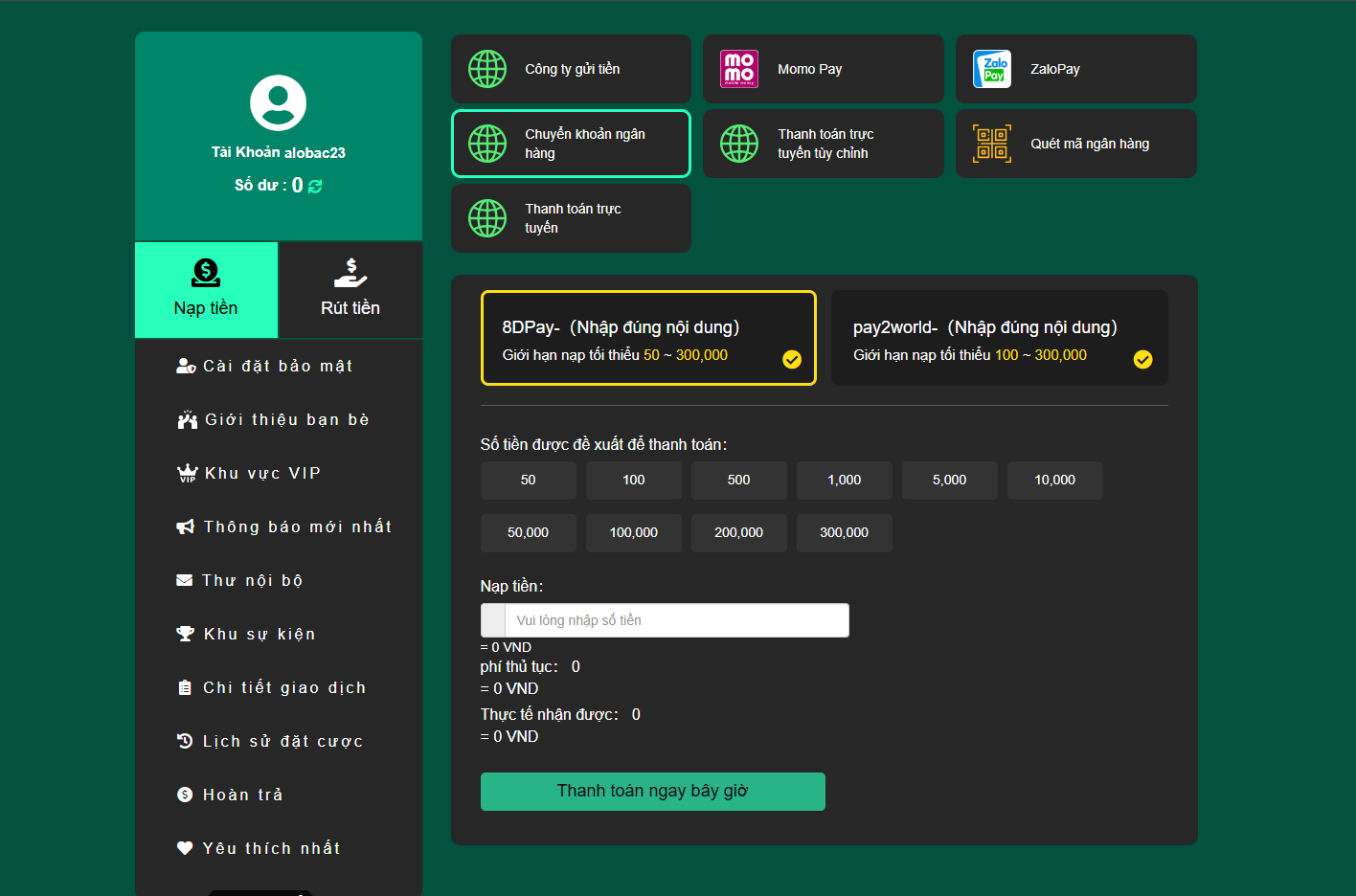 Nạp tiền qua chuyển khoản ngân hàng